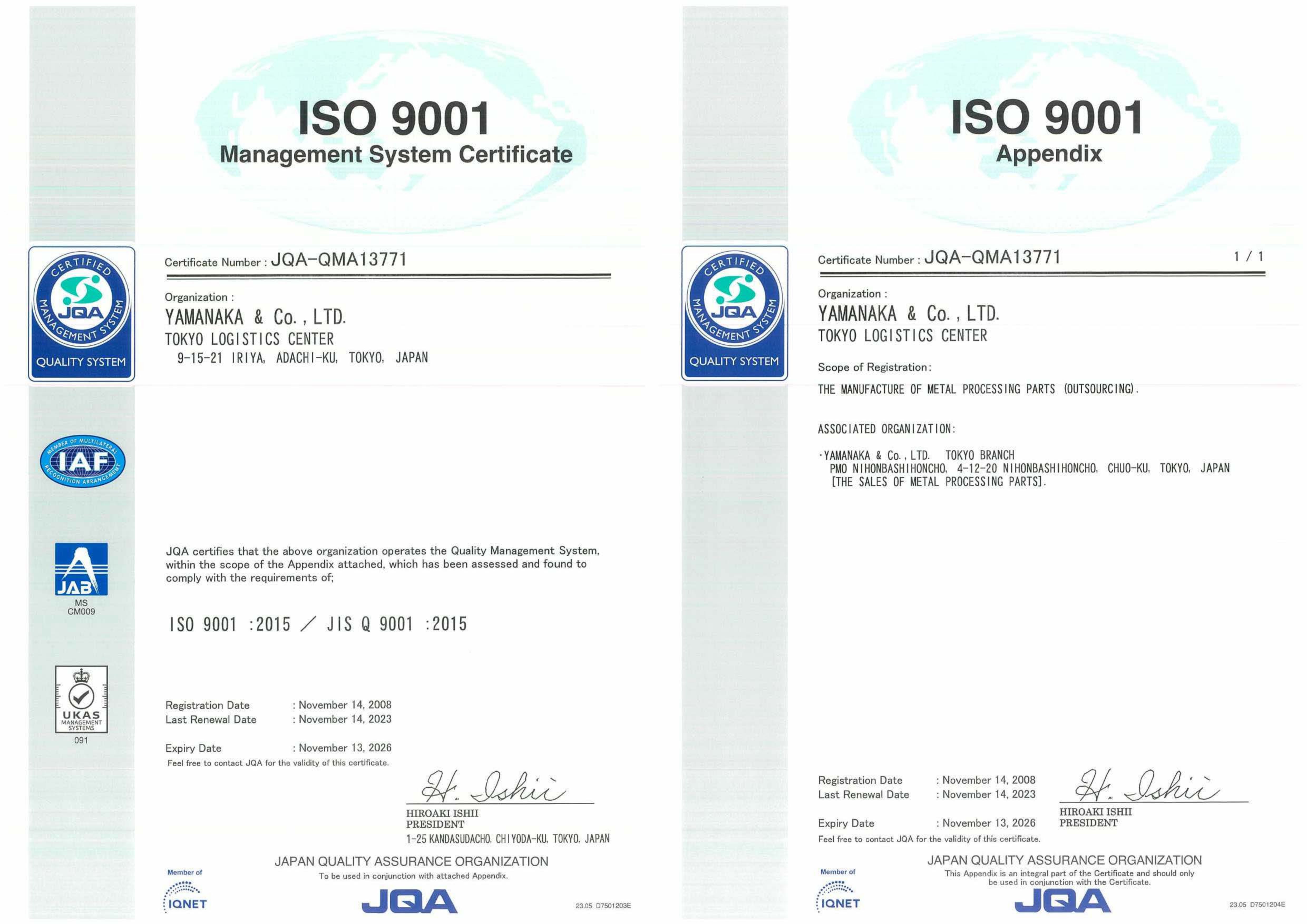 ISO 9001 Management System Registration Certificate